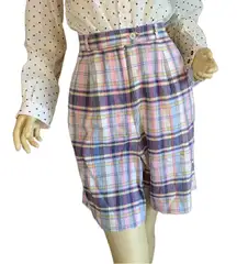 VINTAGE 1990'S TALBOTS PINK & BLUE PLAID COTTON HIGH WAIST SHORTS (12)