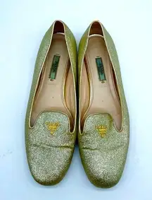 Prada Gold Glitter logo embellished Leather loafer flats EU 39