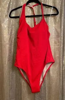 Shade & Shore  cherry red ribbed asymmetrical one piece swimsuit XL NWT