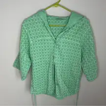 Focus Green Short Sleeve Button Up Hoodie Waffle Knit Pockets Drawstring Small