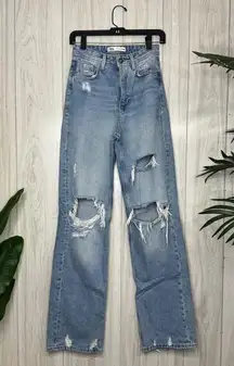 Zara High Rise Straight Wide Leg Distressed Jeans size 2 Long