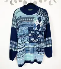 Vintage Donna Scott Woman's XL Blue Winter Mixed Print Mock Neck Sweater Christmas