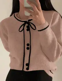 Pink Black Trim Bow Cardigan