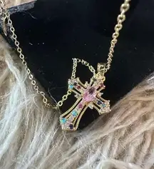 Cubic Zirconia Multi-Color Cross a Faux Gold 15..7” to 17.7” Adjustable Chain