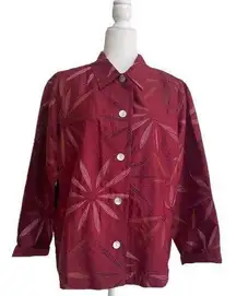 French Laundry  Dark Red Silk Floral Embroidered Beaded L Shirt Jacket Shacket