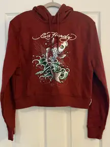Ed Hardy Hoodie Koi Fish Cropped Women’s LG Brick Red Sleeve Spellout Y2K Skater