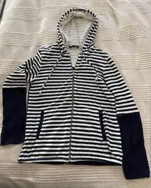 Whetherly Zip Up Hoodie Sweater Navy Blue White Stripe Women’s Sz S