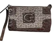 Guess Logo Clutch With Strap Brown Faux‎ Croc Zip Up