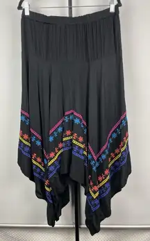 Azel Hazel Black Colorful Embroidered Handkerchief Hem‎ Elastic Waist Skirt Sz L