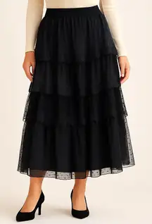Arula Black Tiered Mesh Lace Midi Skirt Polka Dot Tulle A-Line Romantic Goth 1X