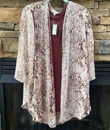 Plum Wine Burgundy metallic gold L/XL open front snakeprint cardigan duster