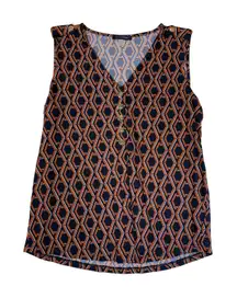 Tommy Hilfiger Women Navy Blue Geometric Sleeveless V Neck Button Up Top M