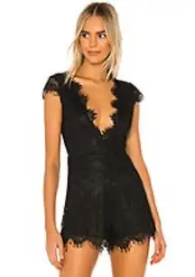 Superdown Ozie lace Deep V Romper in Black