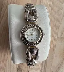 Geneva Elite Ladies Watch Two Tone Scroll Hinged Cuff Bracelet Pearl Dial