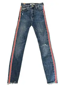 Zara High Rise Distressed Skinny Jeans Red White Stripe Piping Size 26