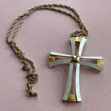 Gold Tone White Chunky Large Cross Necklace Religious