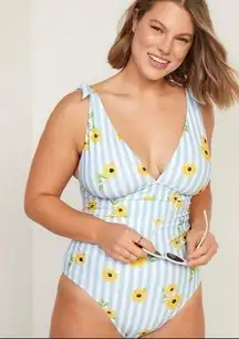 Old Navy  NWT Deep-V Plunge Tie Shoulder Sunflower One Piece Swimsuit Sz Medium