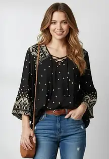Angie Black and White Peasant Boho Chic Bell Sleeve Lace Up Blouse Top Medium