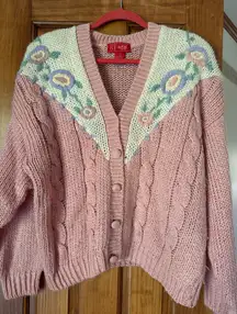 Vintage Ivy Wear Cardigan Women’s L Pink Button Shoulder Pads Embroidered Floral