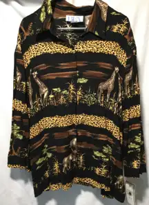 BFA Classics Women's 2X Safari Animal Print Long Sleeve Button Up Shirt Top