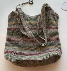 The Sak Crochet Striped Shoulder Bag Hobo Gray Multi Color Zip Pocket