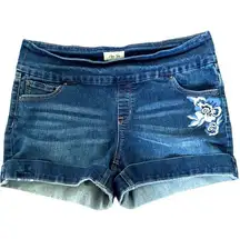 Per Se blue denim shorts with floral embroidery elastic waist size large