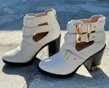 Gold Trim Cut Out White Ankle Boots