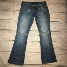 True Religion Low Rise Flare Jeans Distressed Womens 27x30 Whiskers USA Made Y2K