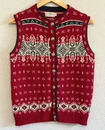Vintage L.L. Bean Red Nordic Fair Isle Knit Vest Size Small Wool Blend