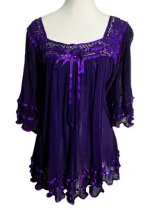 Mexican Angelita Gauze Boho Fairy Top Women OS Purple Coastal Vacation Cruise