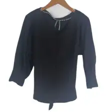 Anthropologie Black Vneck Ribbed Pleated 3/4 Sleeve Tie Back Sweater Size Medium