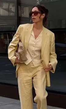 HAVE Linen Polka Dot Butter Yellow Blazer Small Cottage Scandi‎ Layering 90s