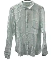 Garnet Hill Linen Light Blue & White Striped Long‎ Sleeve Button Down Top 8 NEW