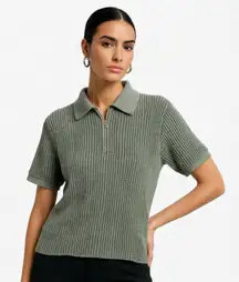 Zara Sage Green Ribbed Knit Polo Collar Short Sleeve Top Size S