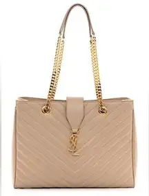 Authentic Saint Laurent YSL Grain De Poudre Matelasse Shoulder Tote in Tan Gold