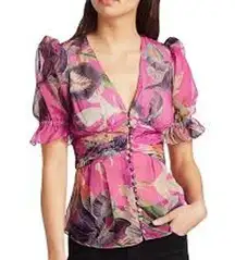 PatBO Floral Print Puff Sleeve V-Neck Button Front Blouse Pink Women's Size us 4