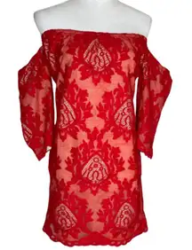 Storee Women's Off Shoulder Floral Cherry Tomato Red Lace Dress Sz M