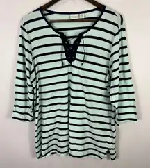 Chicos Weekends 3 Blue Stripe Lace Up Top Nautical Preppy Coastal Grandma XL