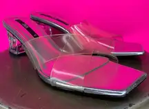 Zara Silver, Clear Crisscross Slip On Lucite Block Heel Sandal Sz 9