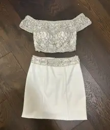 White Beaded Two Piece Dress With Extra High Low Skirt