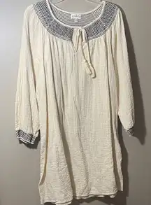 Wonderly medium Cream Tunic Dress with Black embroidery smocked Accents cotton