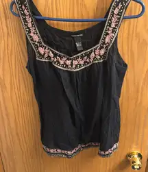 Lucky brand women’s black tank top with embroidery on neckline size large