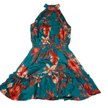 Sweet Lemon floral tropical halter dress. Teal orange. Size S. Mini dress.