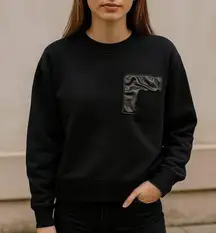 Zara Faux Leather Pocket Black Crewneck Sweatshirt Goth Bikercore Grunge Size M