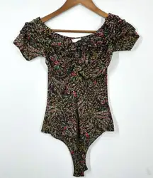 MISA Los‎ Angeles Size Small Black Floral Off the Shoulder Thong Bodysuit Chic