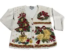VTG Women's 90s Tiara Ugly Christmas Sweater Beige Topiary Wreath Bells Sz S