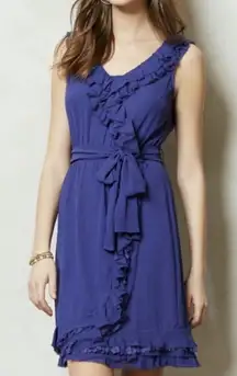 Anthropologie Barachi Dress Royal Purple Ruffle Tie Waist Size 6 Petite‎ EUC