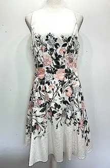 Maggy London Ivory & Floral Fit & Flare Tulle Lined Sleeveless Dress w Pockets