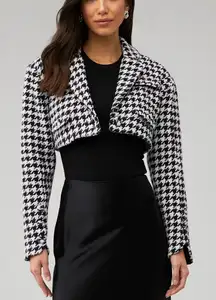 For Love & Lemons Bonnie Cropped Jacket Black White Houndstooth Size Large NWT