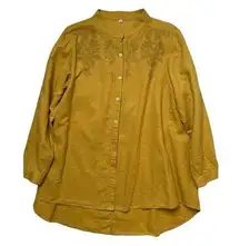 Embroidered Linen Blend Mustard Button Down Tunic Shirt Sz M